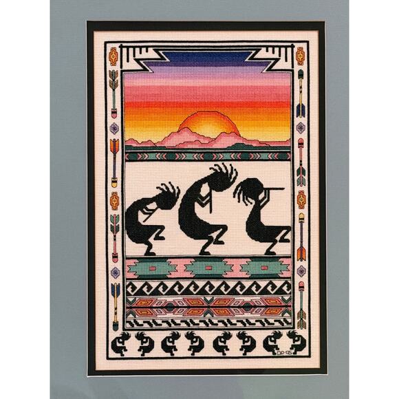 Framed Southwestern Kokopelli Cross-Stitch Art – Sunset Desert Scene (2005) - Picture 6 of 9